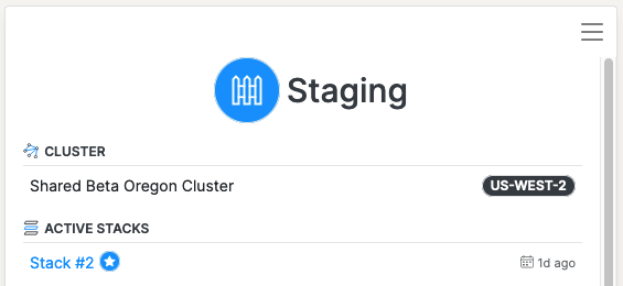 Screenshot of Environment page summary showing active Stacks